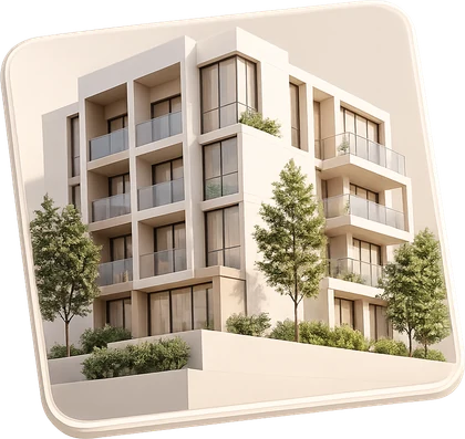 Edificio residencial moderno con balcones de vidrio, rodeado de árboles