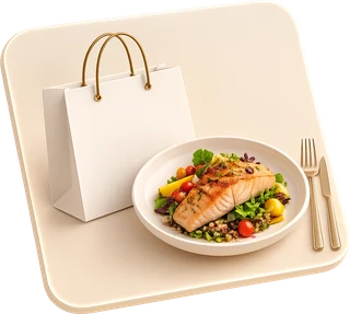 Bolsa para llevar y un plato de salmón a la parrilla con verduras