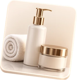 Frasco dosificador, tarro de crema y toalla enrollada, ambiente de spa