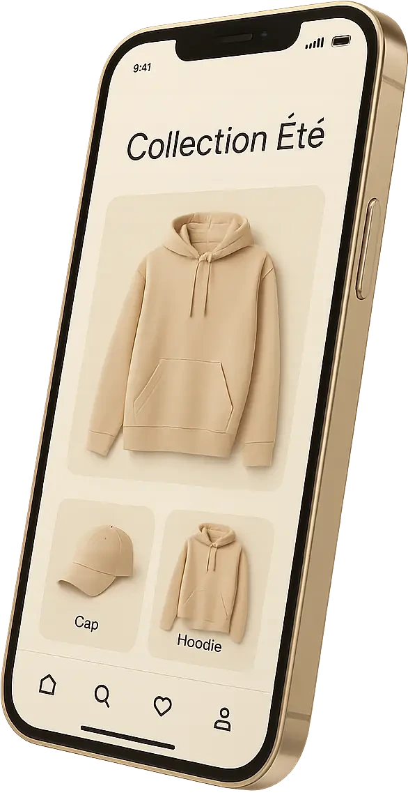 Téléphone posé sur un podium, qui affiche une boutique en ligne de vêtements